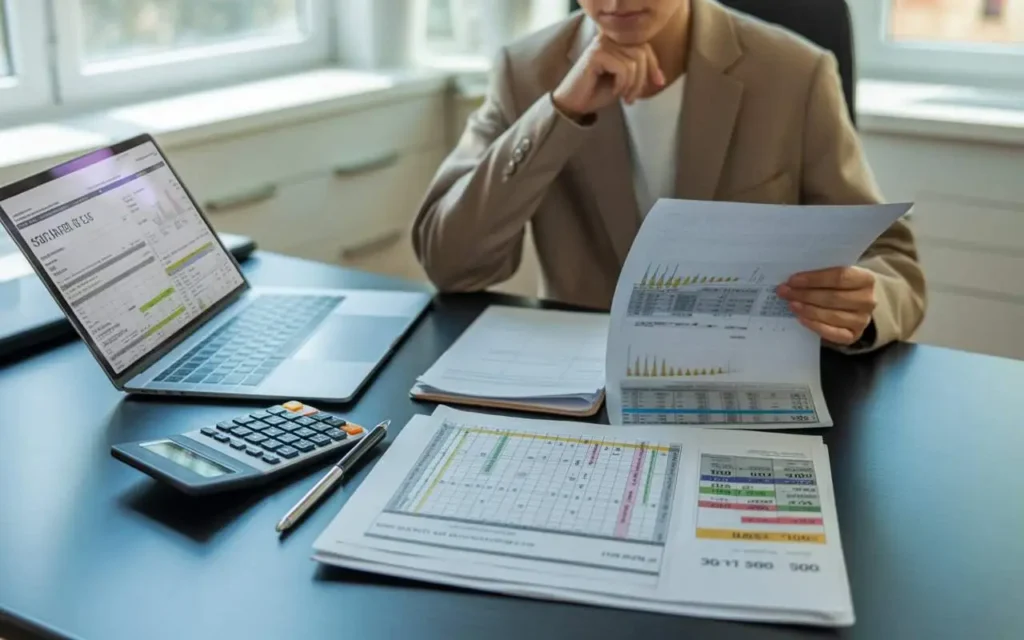 A person reviewing financial documents at a desk with a laptop, calculator, and printed charts.
