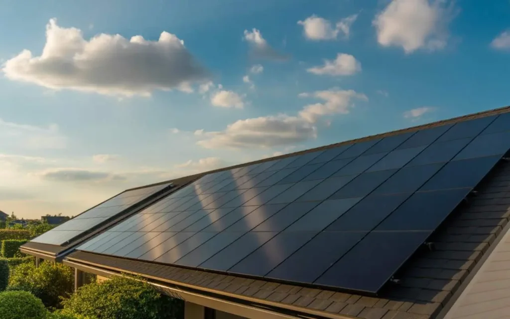 Solar panels installed on a residential rooftop under a partly cloudy sky.