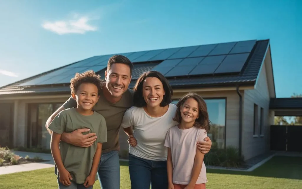 A smiling family of four standing in front of their home with solar panels installed on the roof.