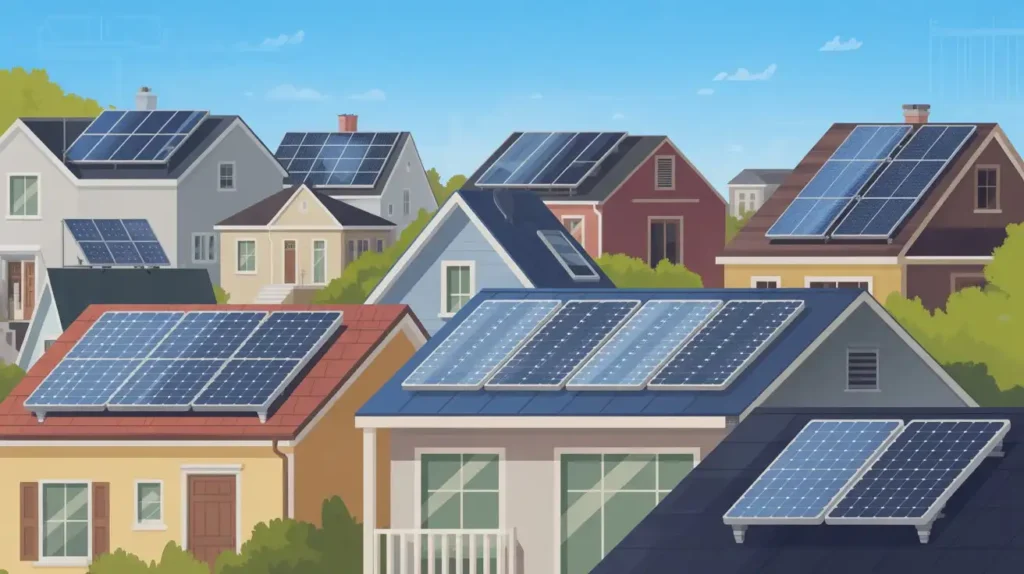Illustration showing residential houses with rooftop solar systems representing average solar panel cost USA for homeowners.