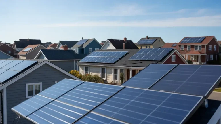 Real suburban homes with rooftop solar installations illustrating average solar panel cost USA in real-life settings.