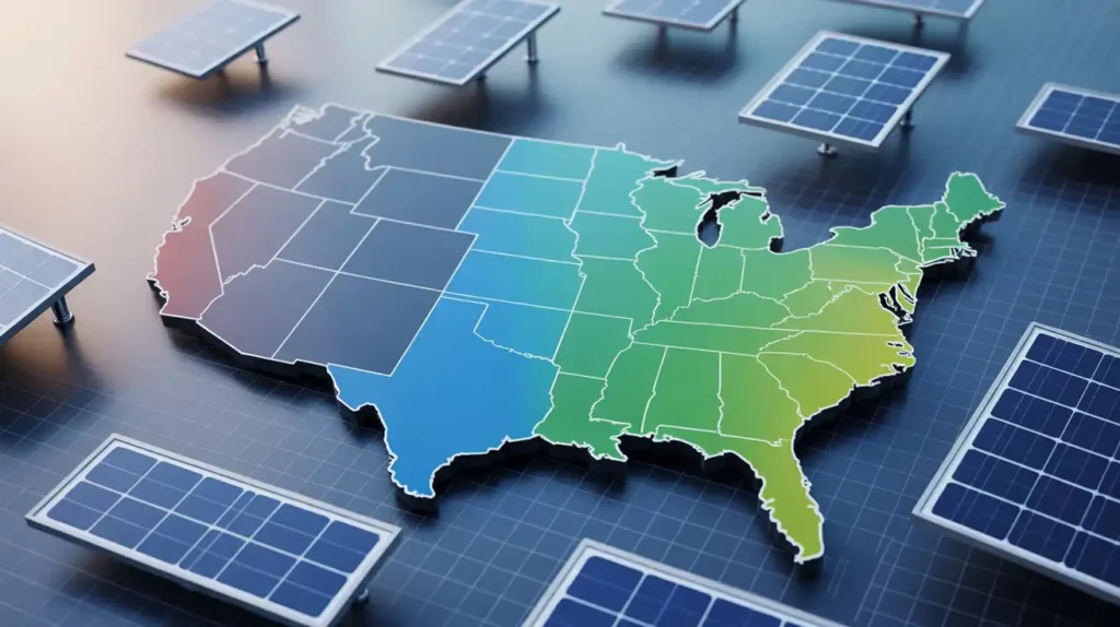 USA map graphic displaying regional differences related to average solar panel cost USA and solar adoption trends.