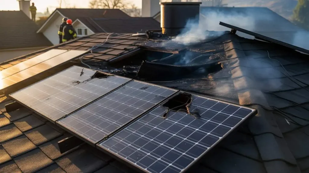 Can Solar Panels Cause Fire? Burnt rooftop with damaged solar panels after an electrical fire.