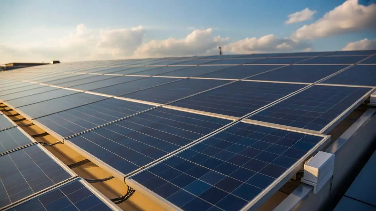 Modern commercial solar panels installed on a large rooftop generating renewable energy