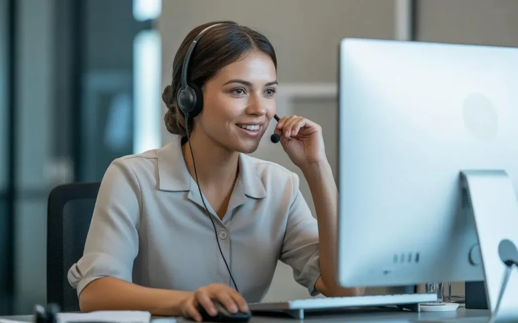 Customer support representative wearing a headset and working on a computer