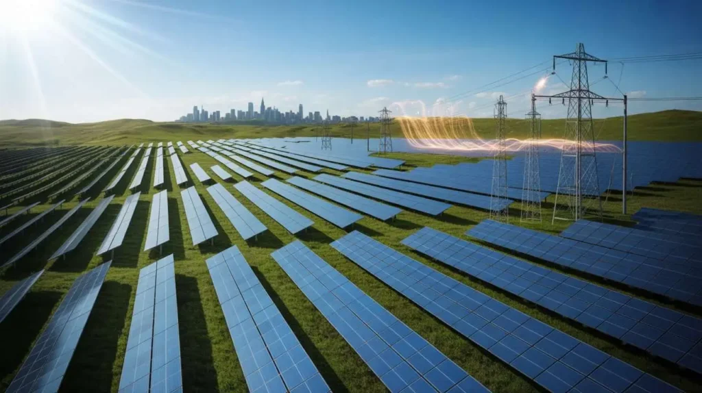 Difference between solar energy and electricity shown through solar panels supplying power to the grid
