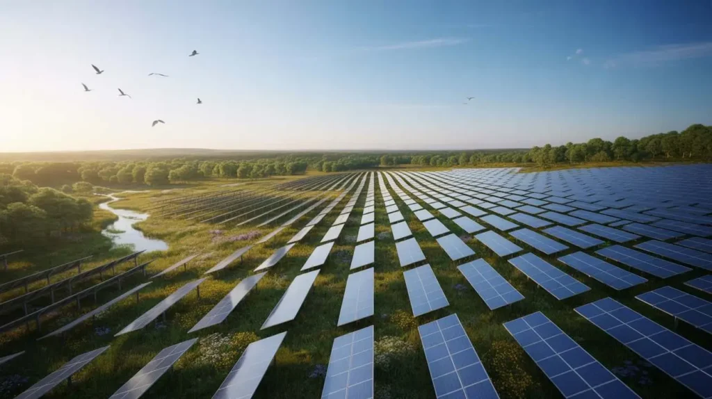 Environmental Impact of Solar Panels illustrated through a large renewable energy installation harmonized with forests, open fields, and biodiversity.
