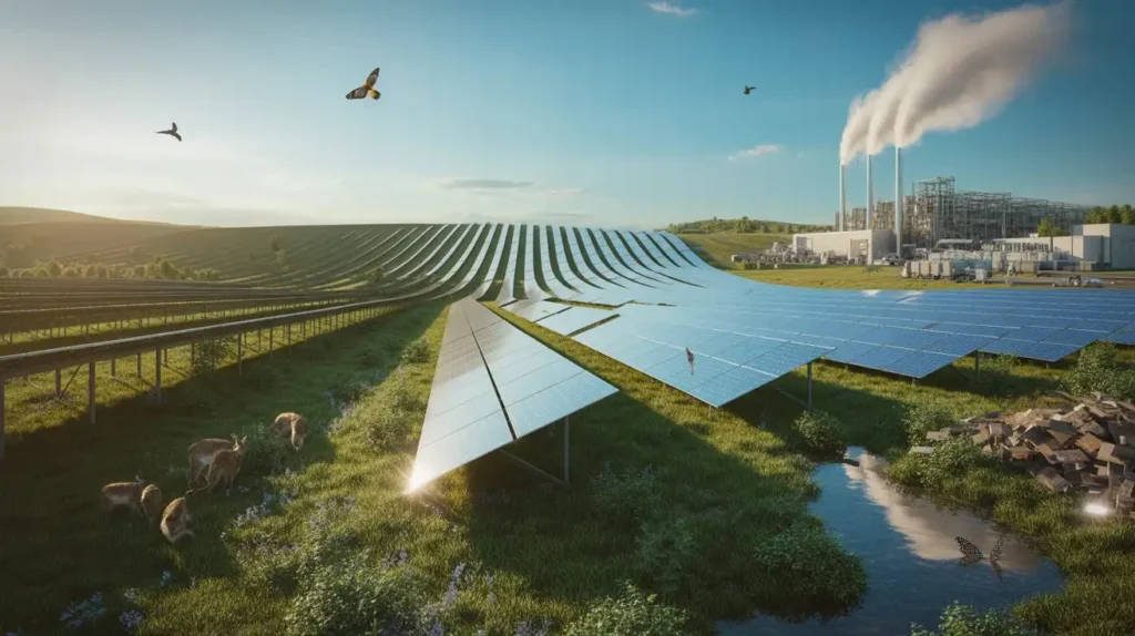 Environmental Impact of Solar Panels showing a sustainable solar farm coexisting with wildlife, green land, and clean water ecosystems.