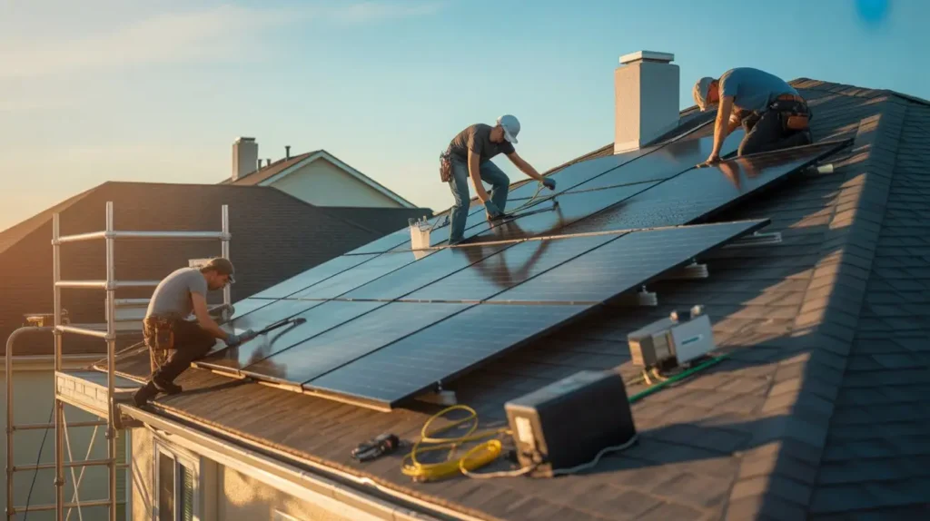 Homeowners learning about hidden solar panel costs USA during professional rooftop solar panel installation on a residential house.