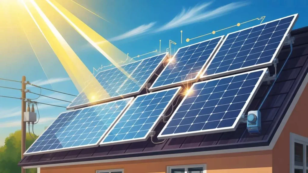 How solar power works step by step showing sunlight hitting solar panels
