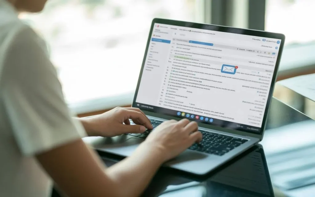 Person typing an email on a laptop at a modern office desk