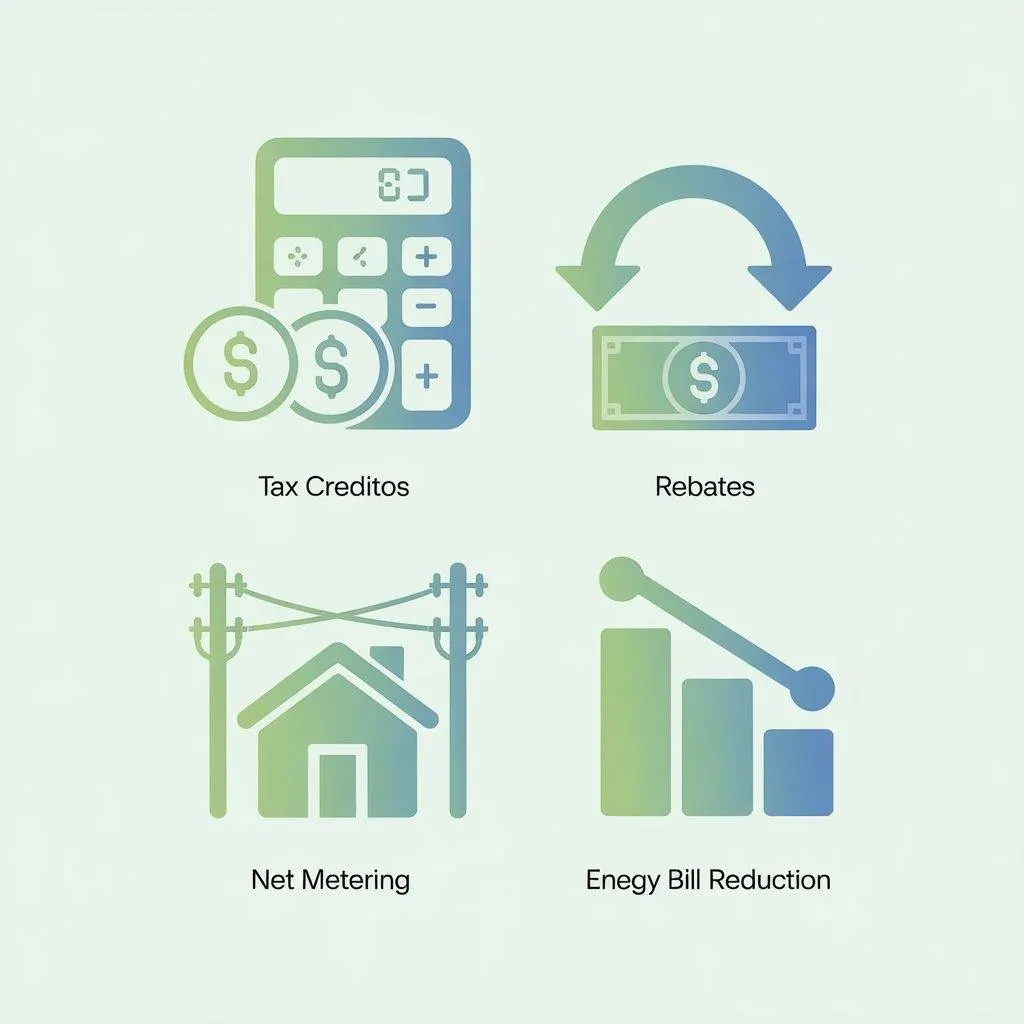 Solar incentives illustration showing tax credits, rebates, and net metering concepts
