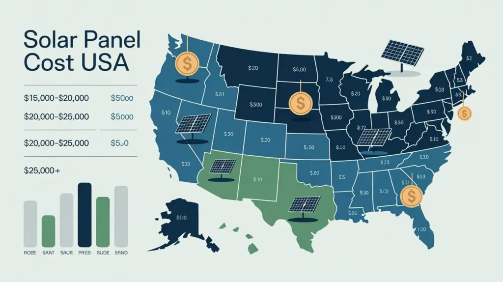State-by-state infographic map explaining average solar panel cost USA