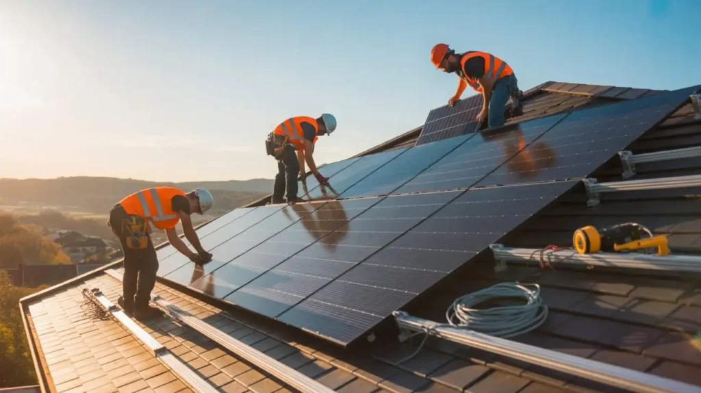 Solar Panel Installation Guide for U.S. Homes: Step by Step showing professional installers mounting solar panels on a residential rooftop
