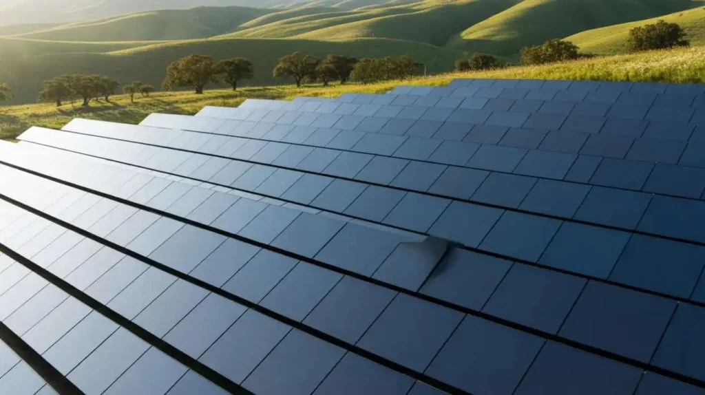 Solar panels installed in a natural landscape producing renewable energy from sunlight
