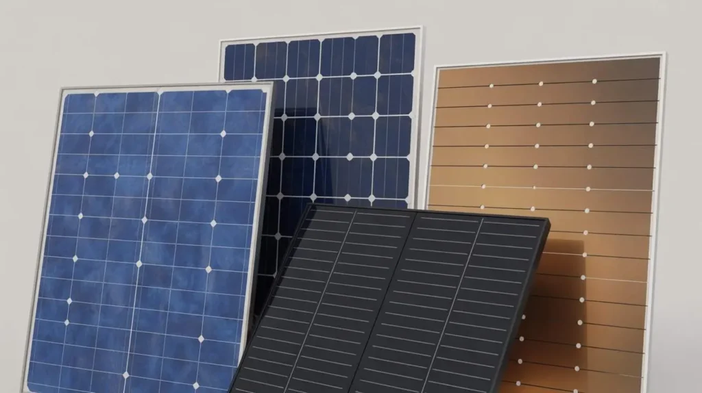 Types of Solar Panels Explained through a visual display of thin-film, monocrystalline, and polycrystalline solar panels.