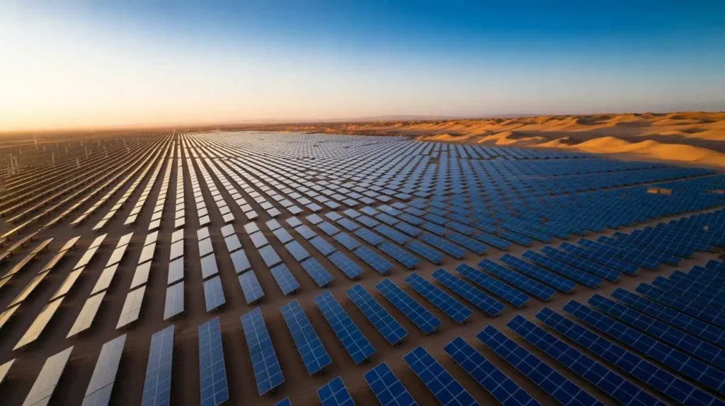 What Is Solar Energy illustrated by a vast solar farm producing renewable energy
