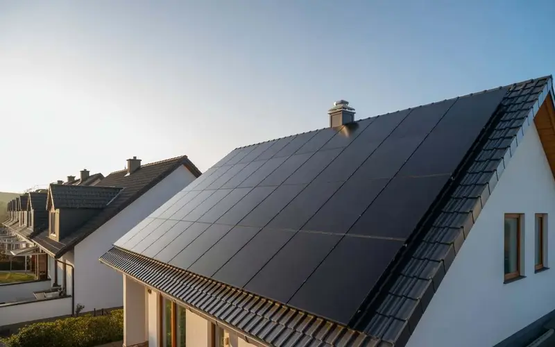 Solar panels installed on the sloped roof of a modern residential house in a suburban neighborhood.