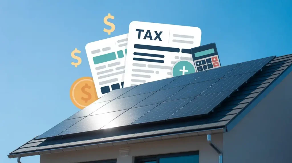 Solar roof with tax papers, dollar signs and calculator illustrating are solar incentives taxable in the USA