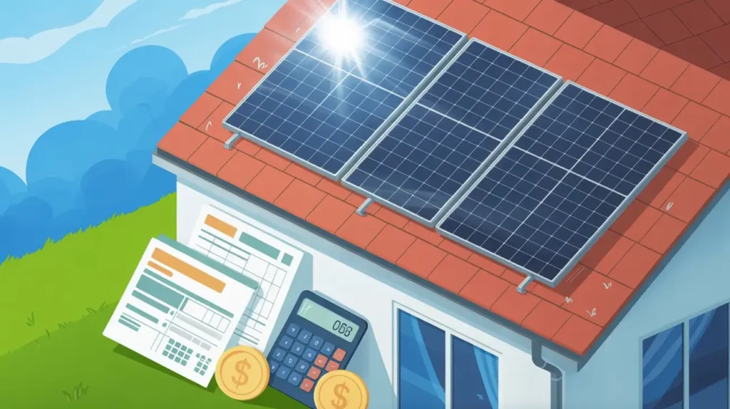 House with rooftop solar panels, utility bill, coins and calculator about are solar incentives taxable in the USA