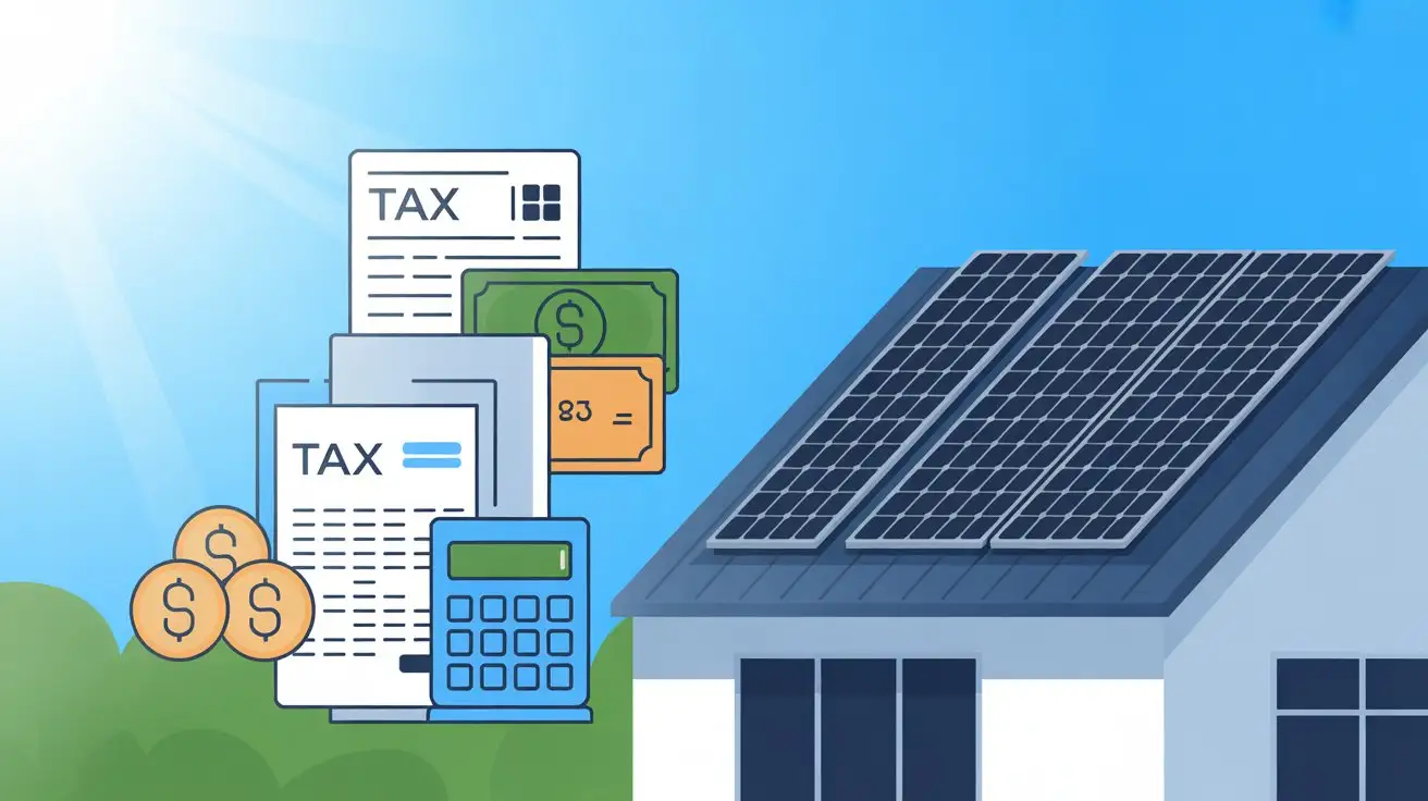 Tax forms, calculator and dollar icons next to a house with rooftop solar panels representing are solar incentives taxable in the USA