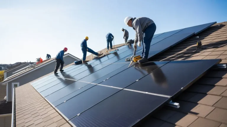 Professional crew mounting solar panels on a roof demonstrating how long solar installation takes in America