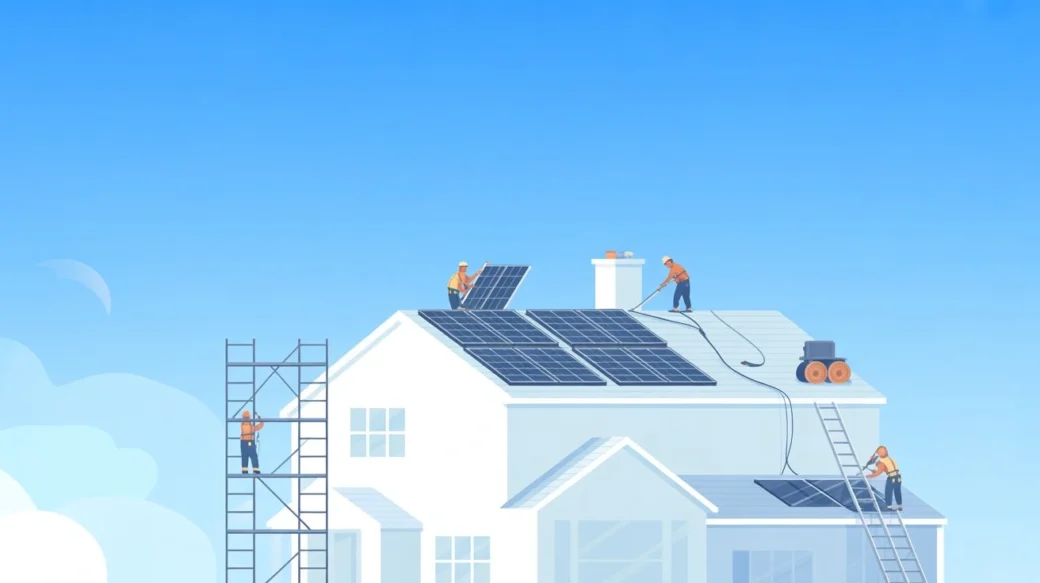 Illustration showing workers installing rooftop panels explaining how long solar installation takes in America