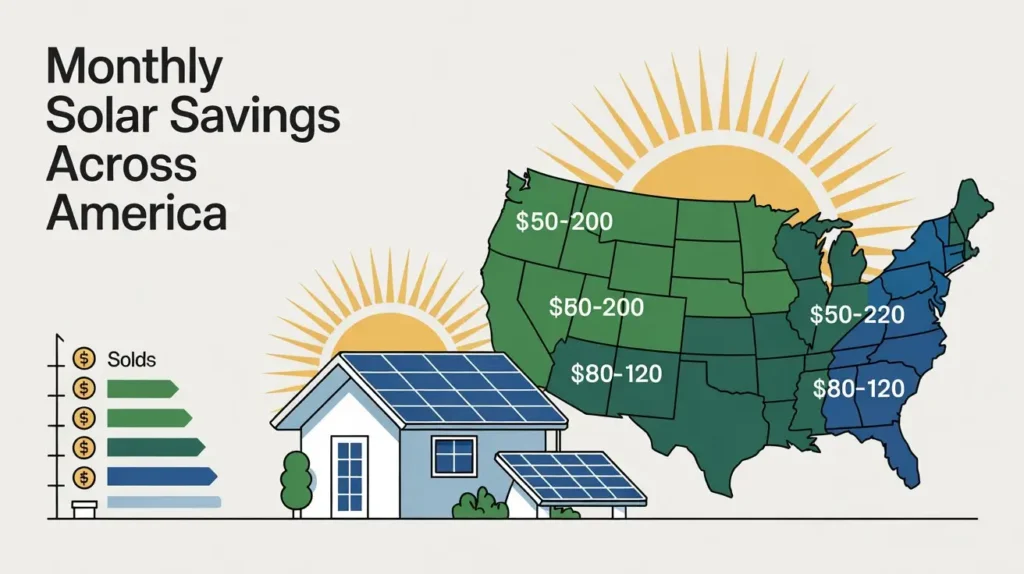 How much you can save with solar panels per month in the USA displayed on a map comparing average monthly solar savings across different states