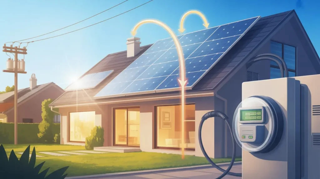 Illustrated infographic showing solar energy flow, grid connection, and billing credits explaining is net metering worth it in the USA?