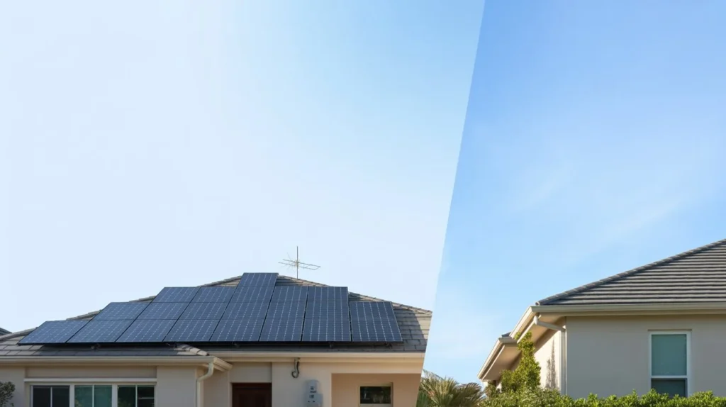 Residential home with rooftop solar panels showing energy savings and utility comparison, explaining is net metering worth it in the USA?