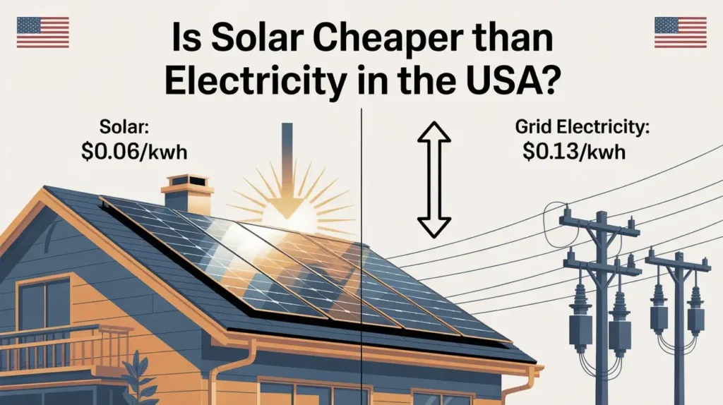 Is Solar Cheaper Than Electricity in the USA? Home rooftop solar panels compared with grid electricity cost per kWh.