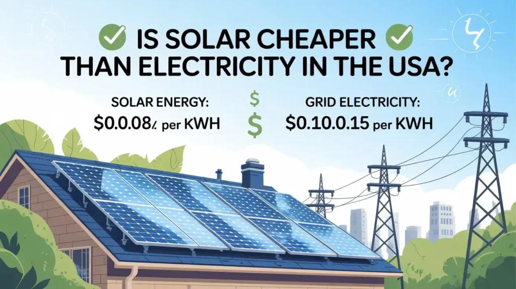 Is Solar Cheaper Than Electricity in the USA? Solar vs electricity cost infographic showing U.S. energy price differences.