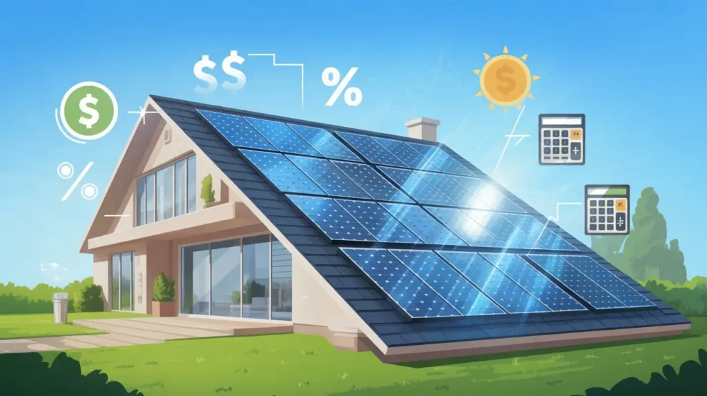 Modern illustration explaining solar panels cost home USA with savings, percentage, and calculator icons