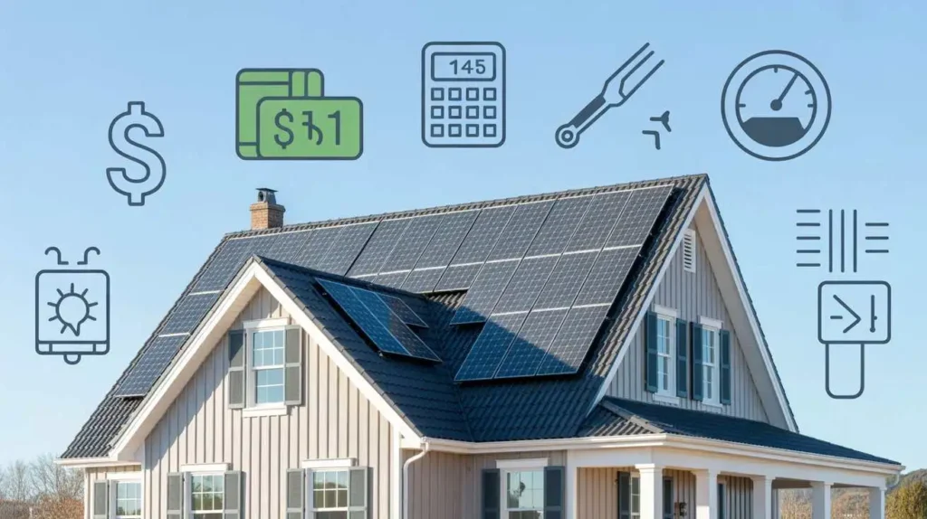 Solar panels cost home USA shown on a residential rooftop with energy savings and cost calculation icons