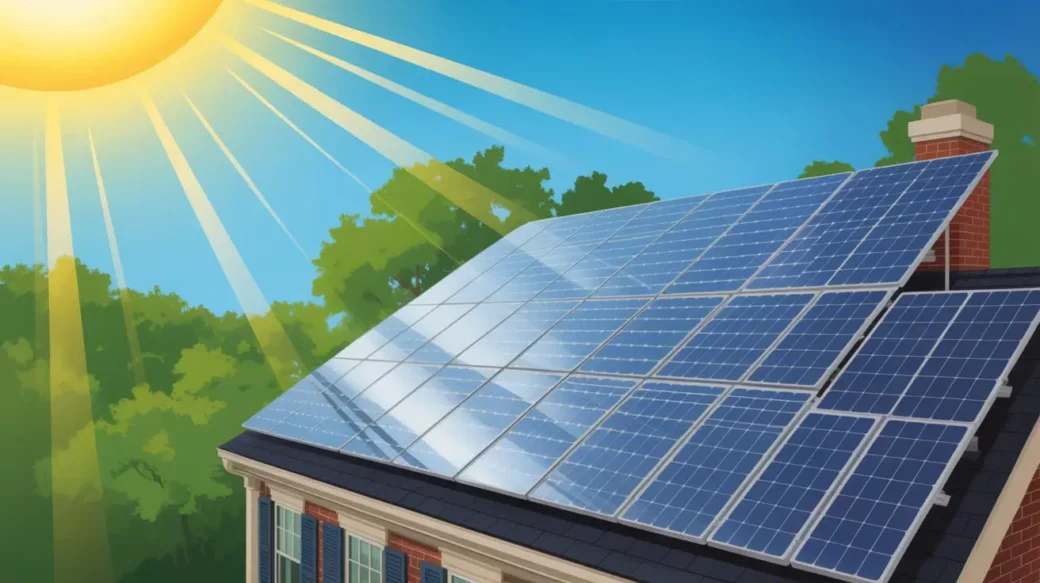 Solar panels explained simply Maryland home rooftop illustration with sunlight powering the system