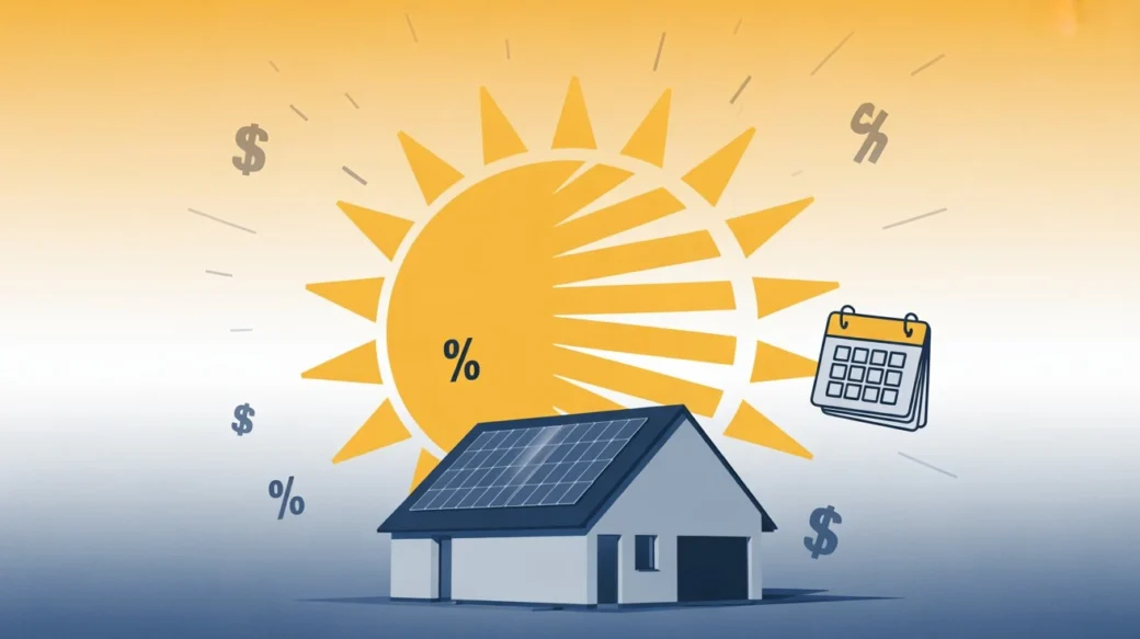 Solar Tax Credit Ending 2026 illustration of a home with rooftop panels, sun, and savings symbols