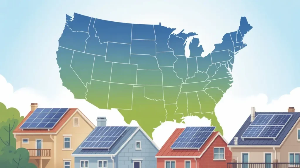 US map with homes using rooftop solar panels representing who is eligible for solar incentives in the USA