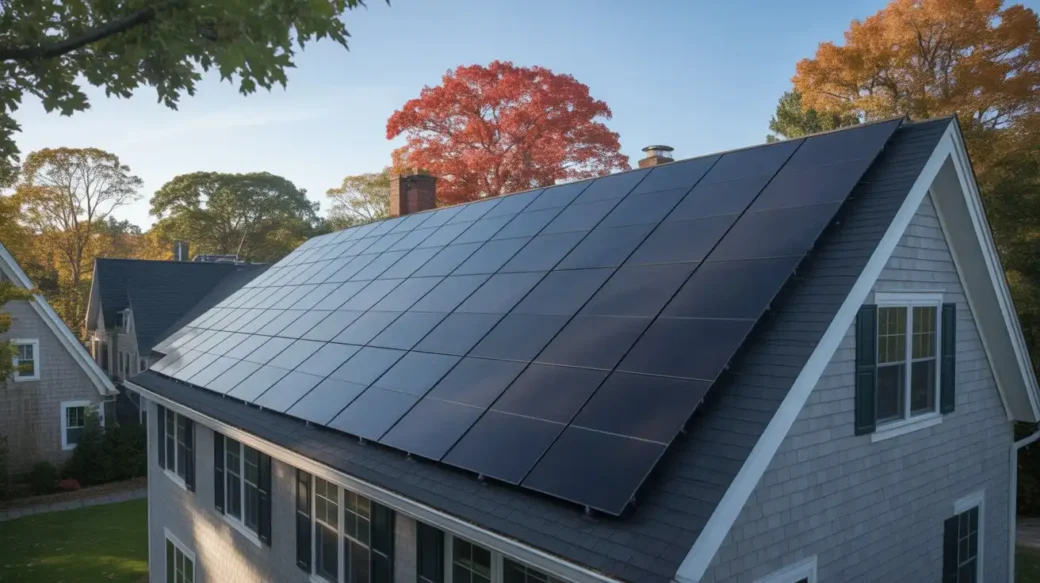 Are Solar Panels Good Investment in Massachusetts 2026 large black solar panel system installed on a house roof