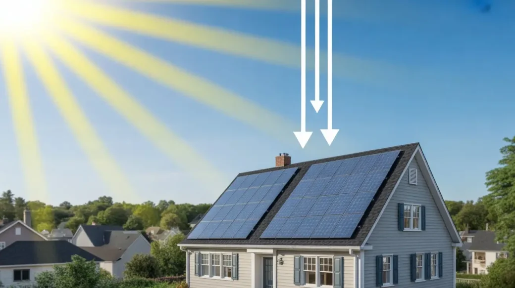 Solar Panels Explained Simply for New Jersey showing sunlight hitting rooftop solar panels to generate clean electricity