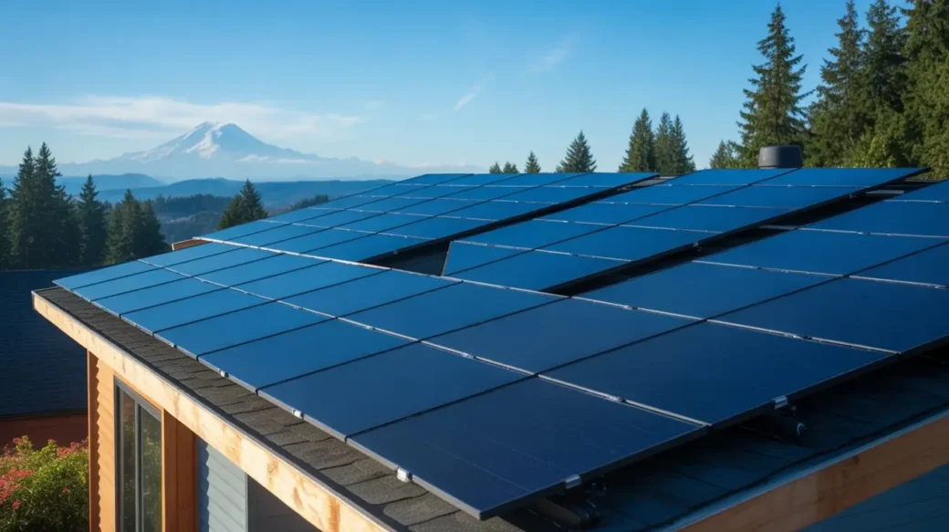 Solar panels explained simply for Washington installed on a modern rooftop with mountain view
