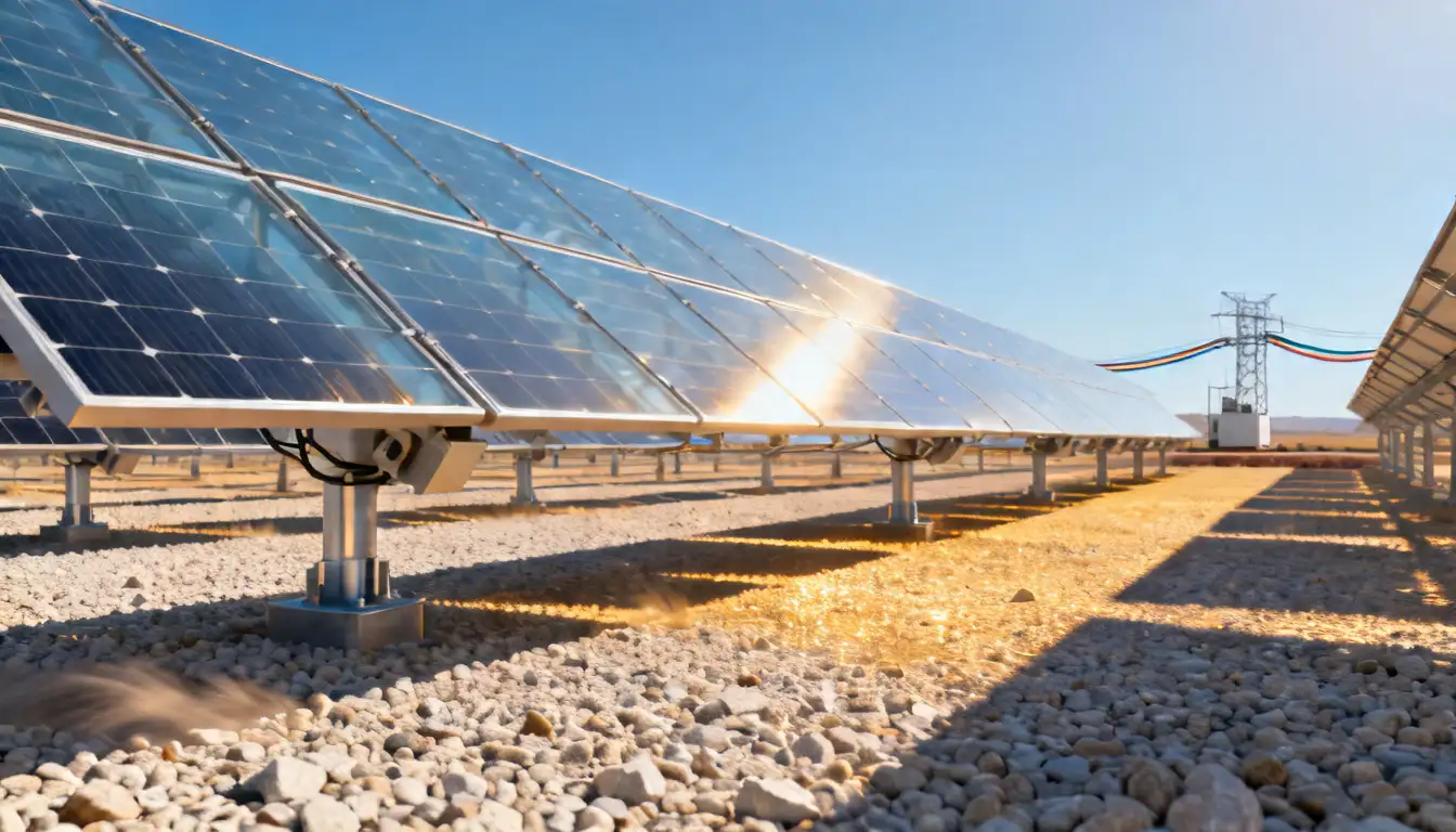 Realistic architectural visualization of bifacial solar panels on a single-axis tracker at a utility-scale solar facility.