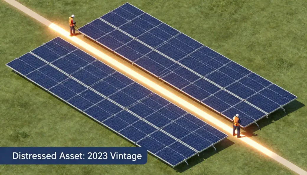A close-up forensic audit desk featuring an "INSOLVENT" stamped document and a financial model for Commercial solar asset liquidation services.