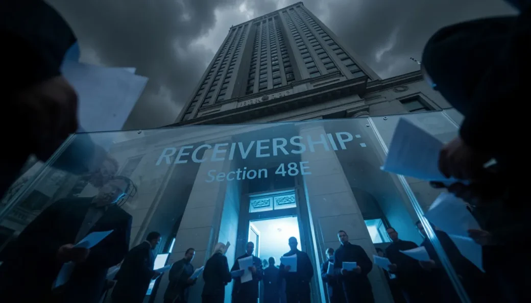 A dramatic low-angle view of a federal court building entrance with a digital "RECEIVERSHIP" shield protecting the property during Commercial solar asset liquidation services.