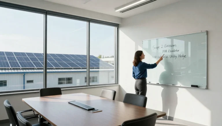 A corporate sustainability officer in a sunlit boardroom discussing if solar power purchase agreements are worth it for business ESG goals.