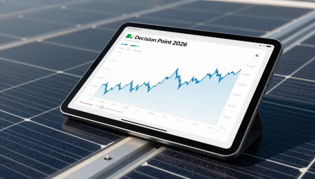 A digital tablet on a Dallas commercial rooftop displaying energy rate comparisons regulated by 2026 Commercial Solar PPA laws.