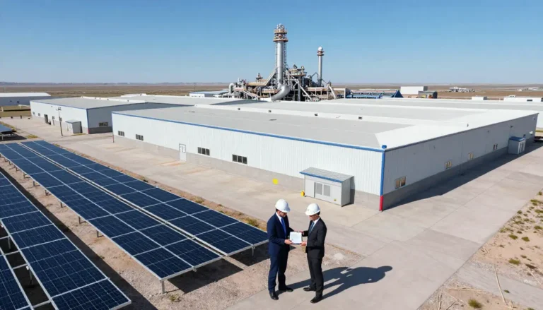 Aerial drone view of a large warehouse project finalized under 2026 Commercial Solar PPA laws and regional interconnection codes.