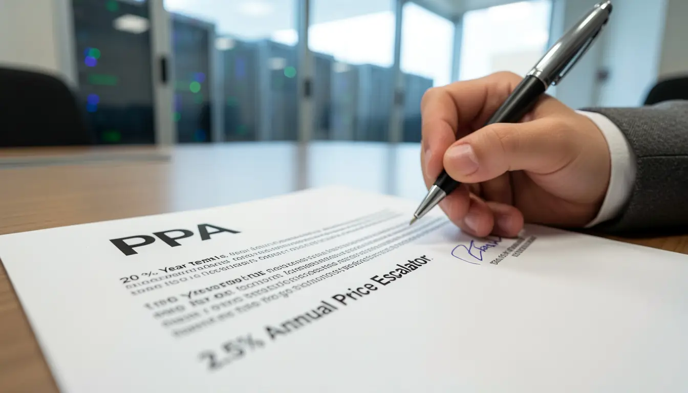 A legal professional in a suit signing a Solar Power Purchase Agreement (PPA) featuring a 2.5% annual price escalator.