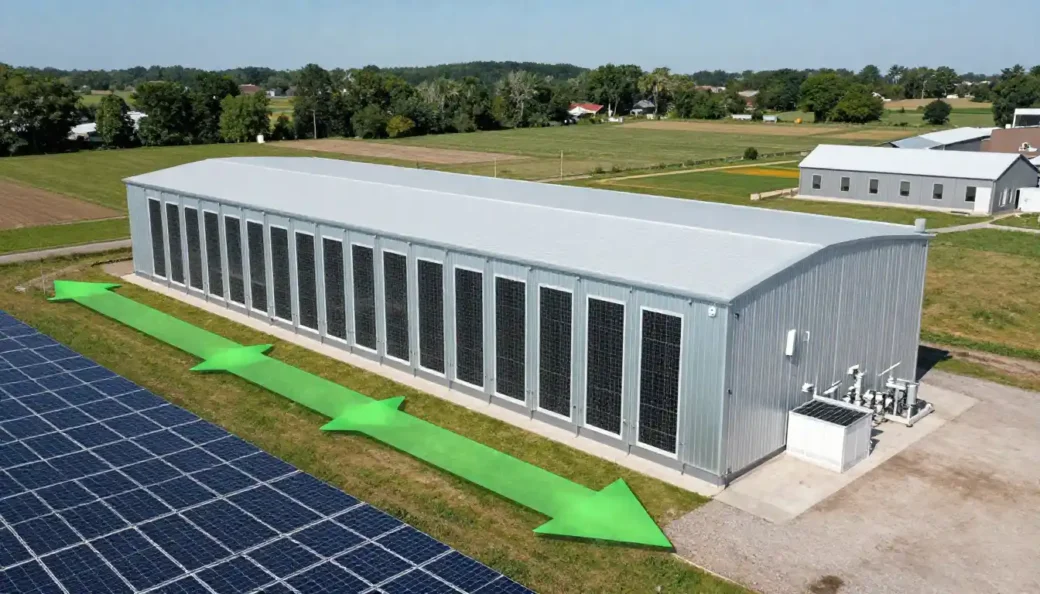 Aerial view of a large silver data center building with vertical solar panels on walls and a ground-mount solar array in Ohio.