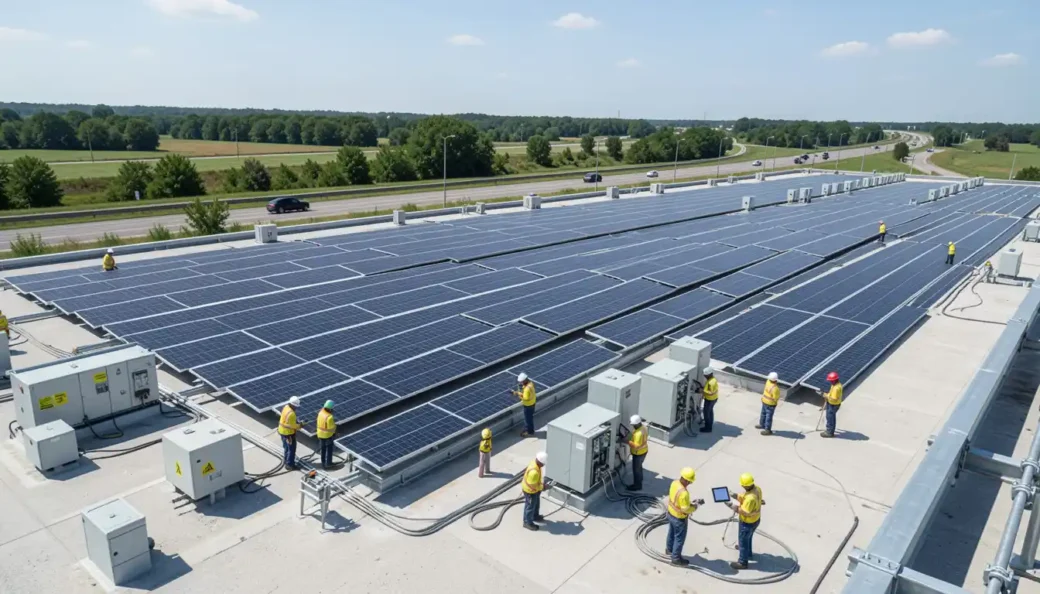 Professional solar installers in high-visibility gear working on a massive rooftop solar array for a data center solar PPA lawyer in Ohio industrial facility.