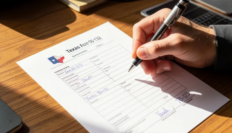 A close-up of a homeowner signing Texas Form 50-132 to file a formal solar tax exemption and dispute an unfair property assessment.